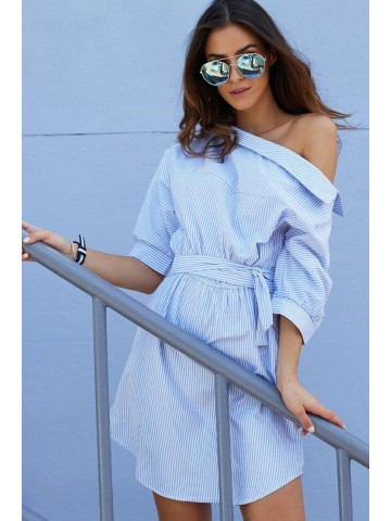 Belted Button Side Off Shoulder Mini Striped Shirt Dress – Blue