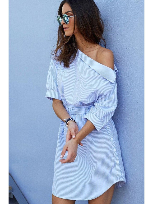 Belted Button Side Off Shoulder Mini Striped Shirt Dress – Blue