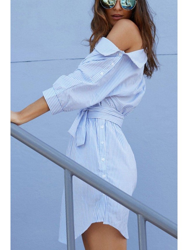 Belted Button Side Off Shoulder Mini Striped Shirt Dress – Blue