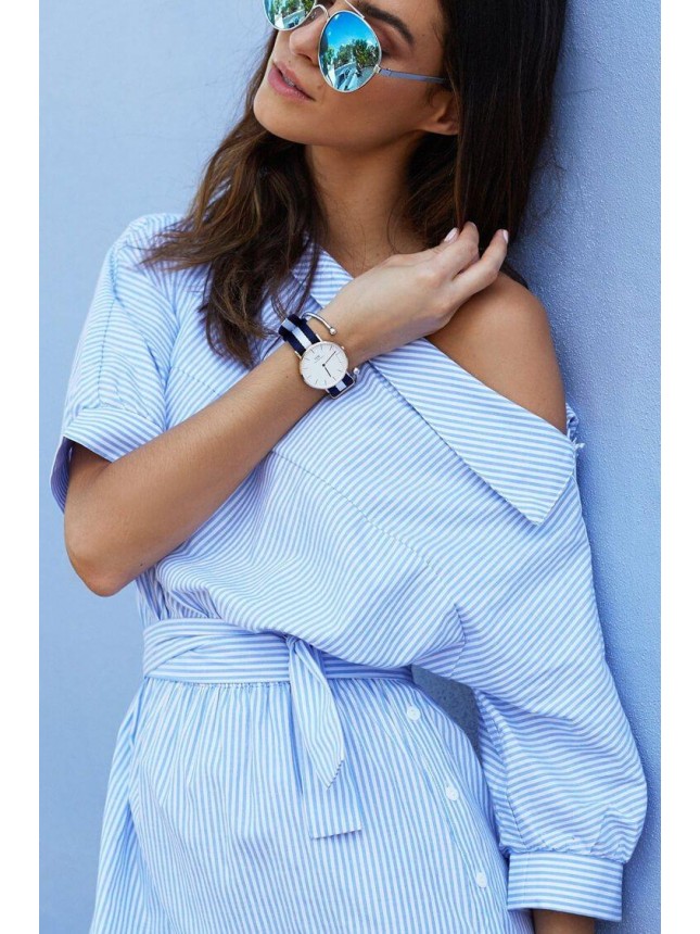 Belted Button Side Off Shoulder Mini Striped Shirt Dress – Blue