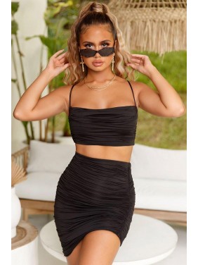 High Waist Ruched Bodycon Asymmetric Two Piece Dress – Black