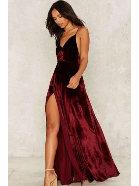 High Slit Backless V Neck Velvet Maxi Evening Dress – Burgundy