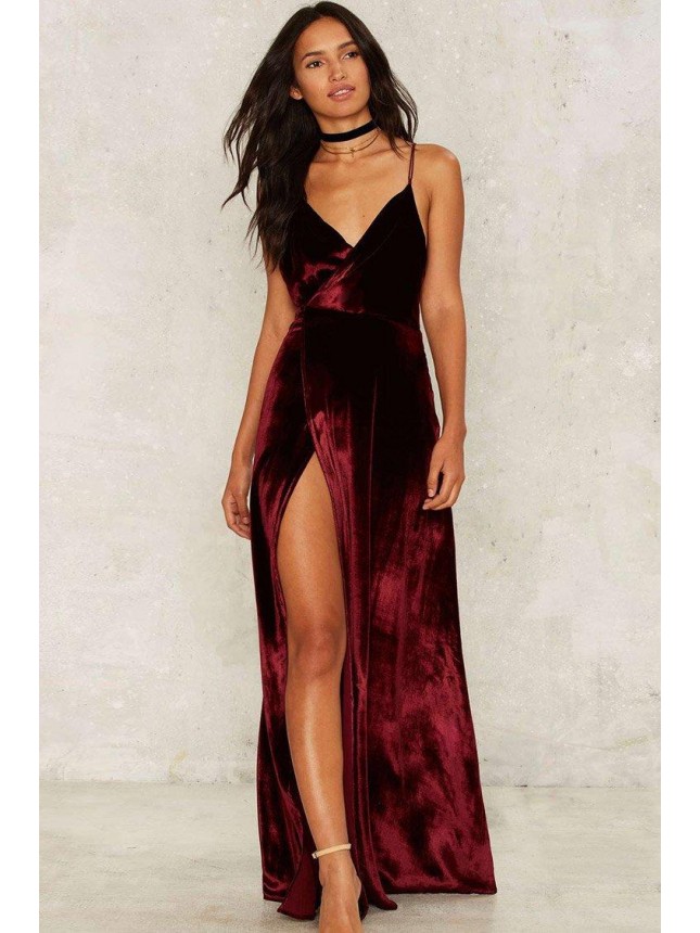 High Slit Backless V Neck Velvet Maxi Evening Dress – Burgundy