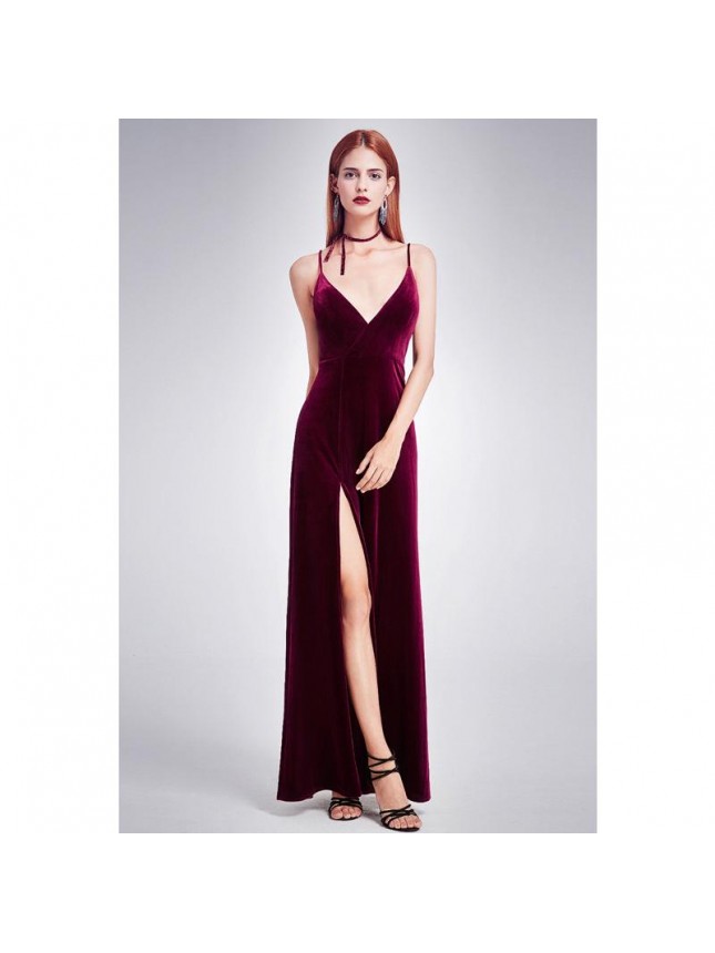 High Slit Backless V Neck Velvet Maxi Evening Dress – Burgundy