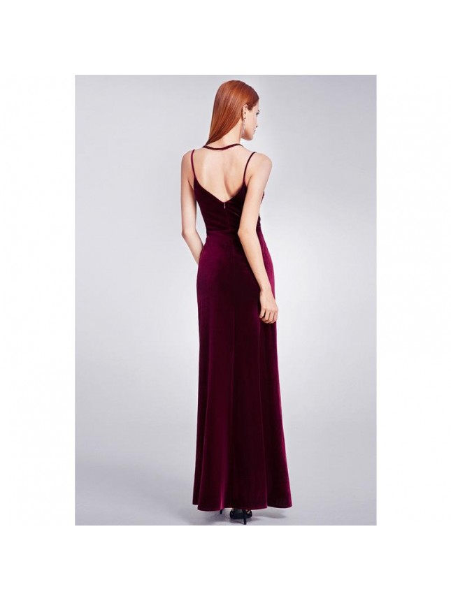 High Slit Backless V Neck Velvet Maxi Evening Dress – Burgundy