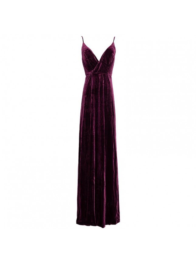 High Slit Backless V Neck Velvet Maxi Evening Dress – Burgundy