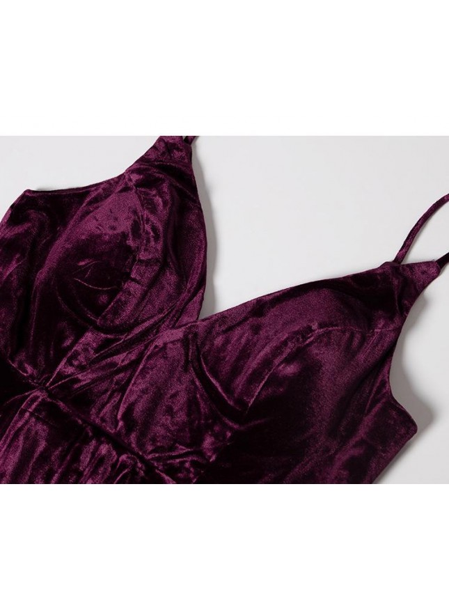 High Slit Backless V Neck Velvet Maxi Evening Dress – Burgundy