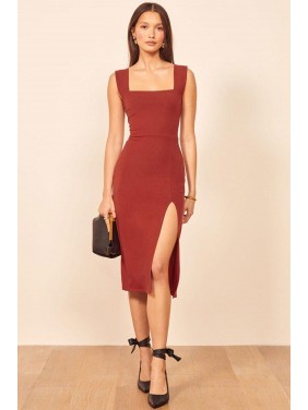 Ribbed Square Neck High Slit Bodycon Midi Cocktail Party Dress – Red