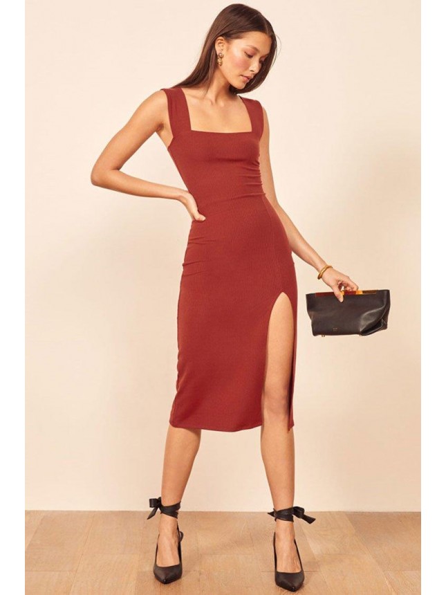 Ribbed Square Neck High Slit Bodycon Midi Cocktail Party Dress – Red