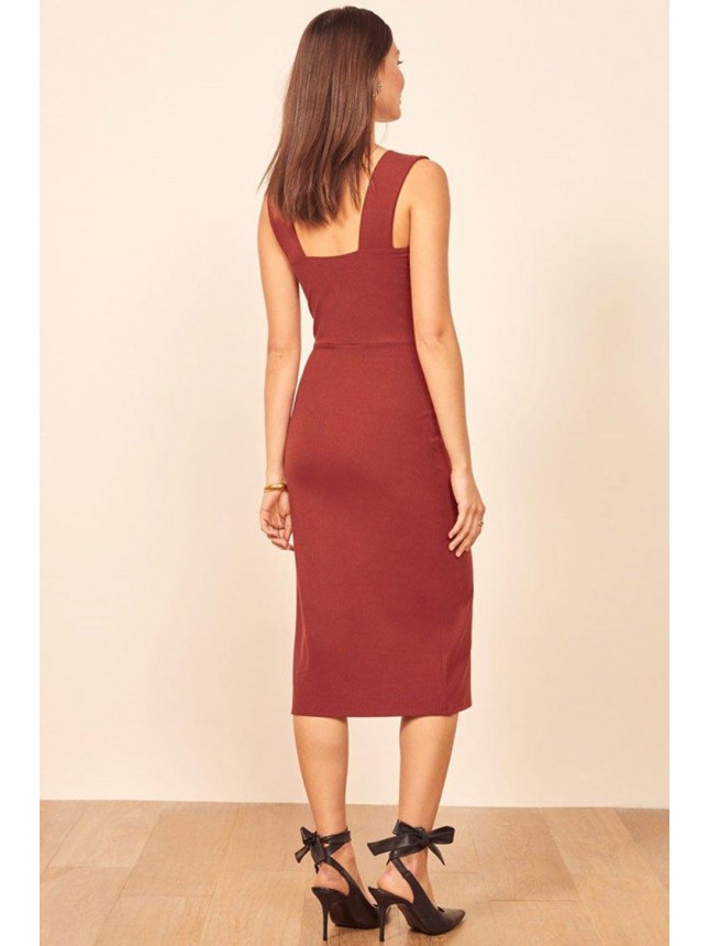 Ribbed Square Neck High Slit Bodycon Midi Cocktail Party Dress – Red