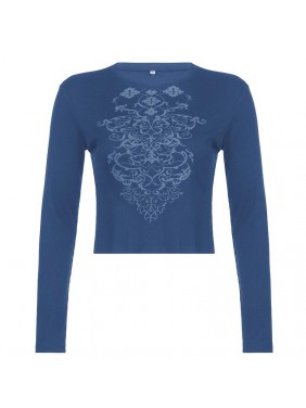 Retro printing bottom revealing umbilical long sleeved T shirt