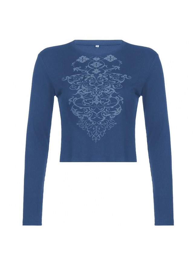 Retro printing bottom revealing umbilical long sleeved T shirt