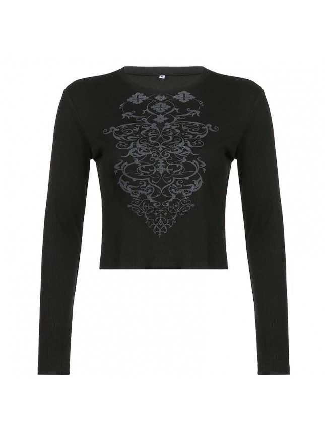 Retro printing bottom revealing umbilical long sleeved T shirt