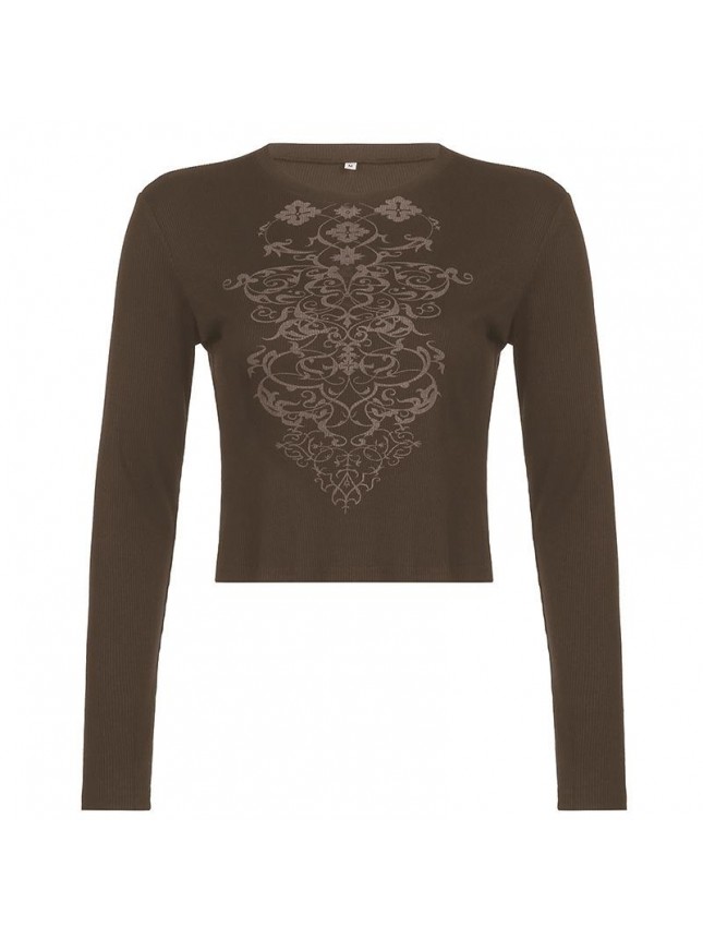 Retro printing bottom revealing umbilical long sleeved T shirt