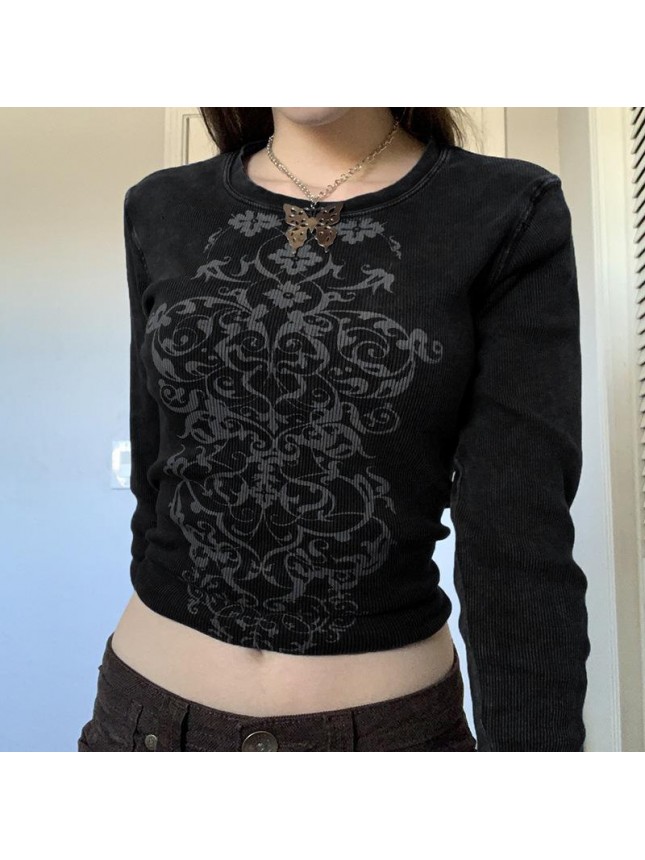 Retro printing bottom revealing umbilical long sleeved T shirt