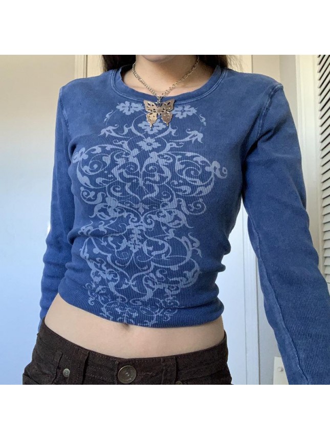 Retro printing bottom revealing umbilical long sleeved T shirt