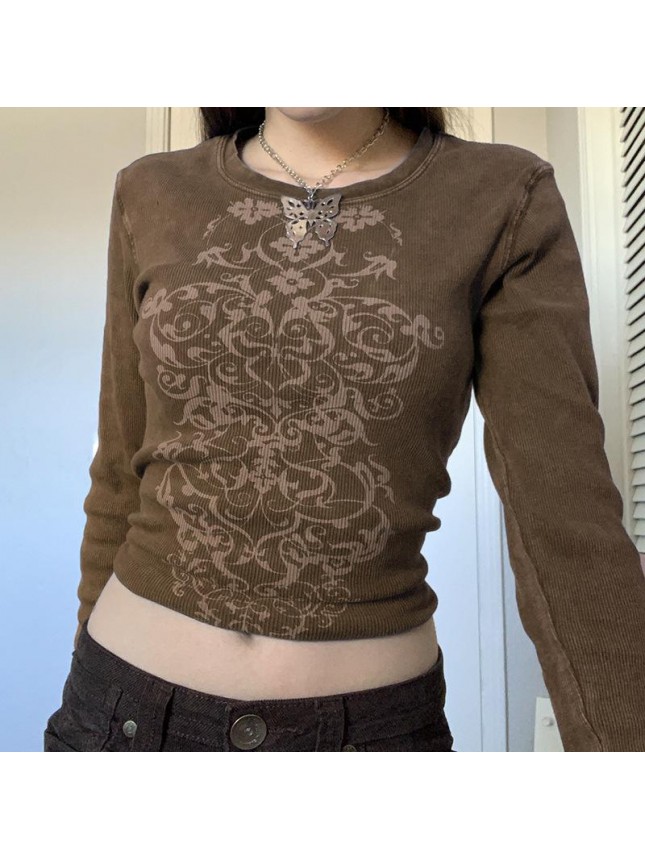 Retro printing bottom revealing umbilical long sleeved T shirt
