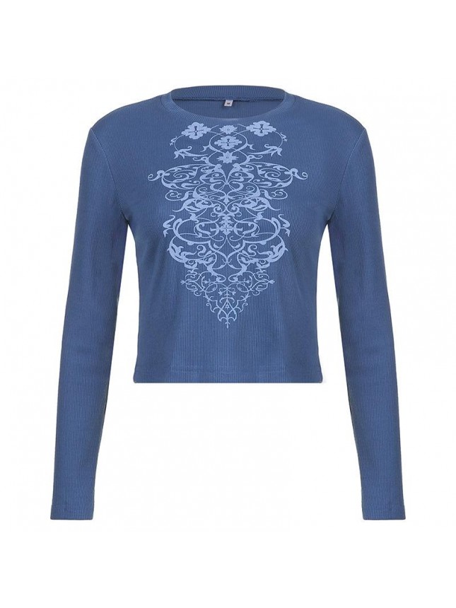 Retro printing bottom revealing umbilical long sleeved T shirt