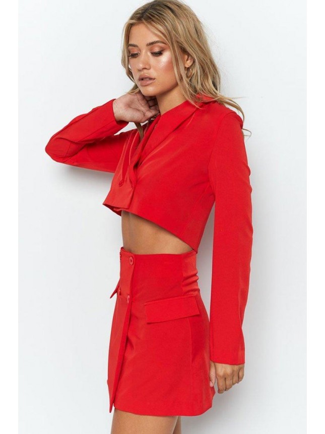 Sweet Button Front Notch Lapel Blazer Mini Two Piece Dress – Red