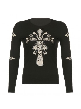 Loose black cross retro stamp long sleeved pullover bottom T shirt top