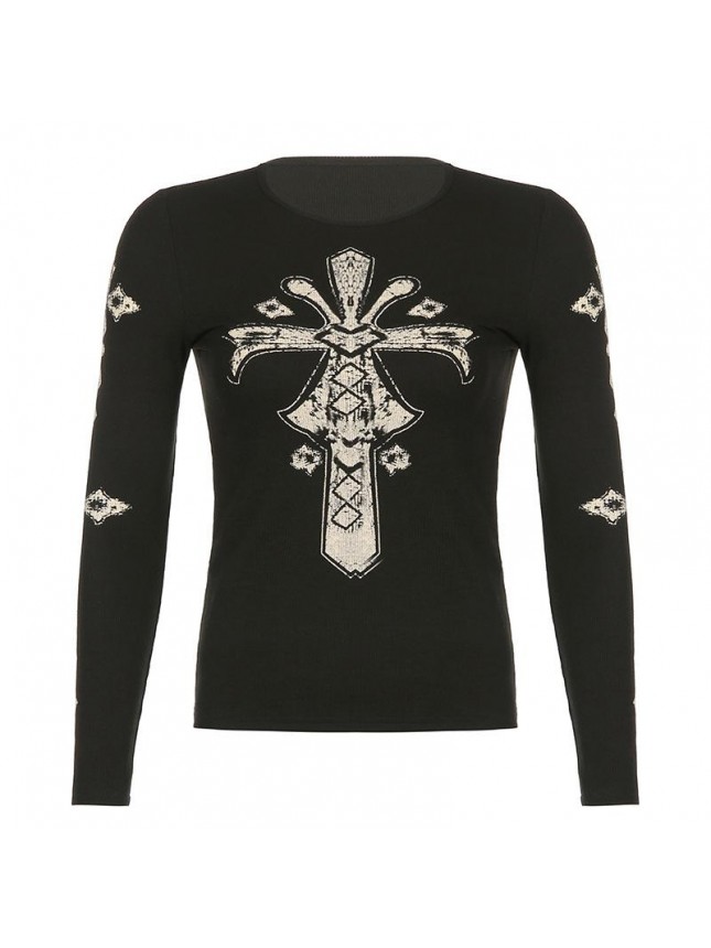 Loose black cross retro stamp long sleeved pullover bottom T shirt top