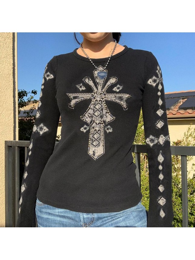 Loose black cross retro stamp long sleeved pullover bottom T shirt top