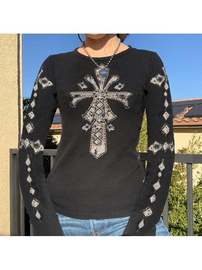 Loose black cross retro stamp long sleeved pullover bottom T shirt top