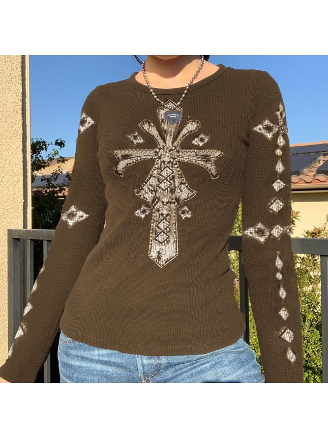 Loose black cross retro stamp long sleeved pullover bottom T shirt top