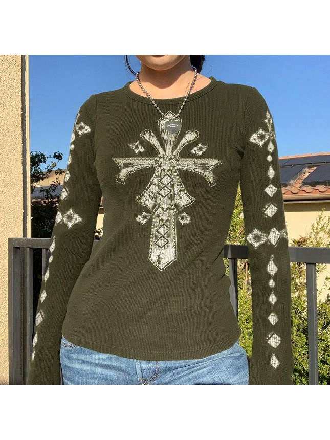Loose black cross retro stamp long sleeved pullover bottom T shirt top