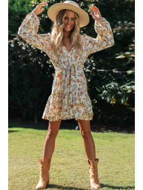 Floral Long Sleeve Mini Boho Vacation Dress – Yellow