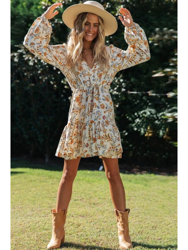 Floral Long Sleeve Mini Boho Vacation Dress – Yellow