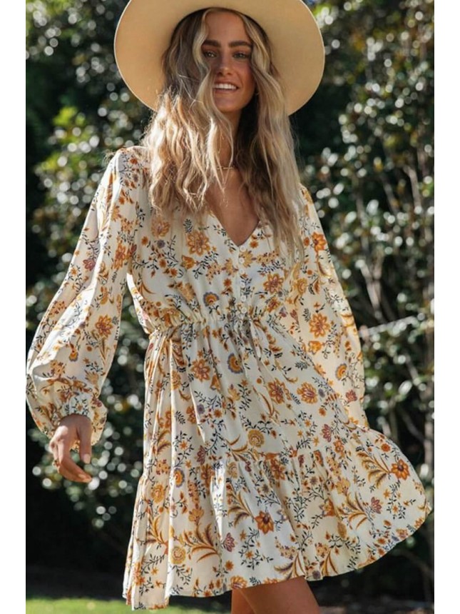 Floral Long Sleeve Mini Boho Vacation Dress – Yellow