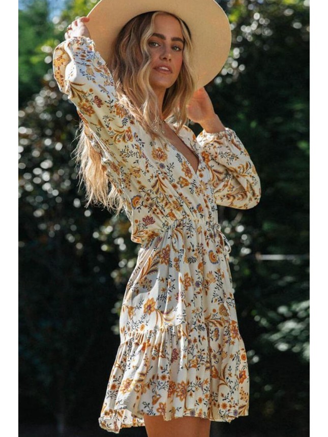 Floral Long Sleeve Mini Boho Vacation Dress – Yellow