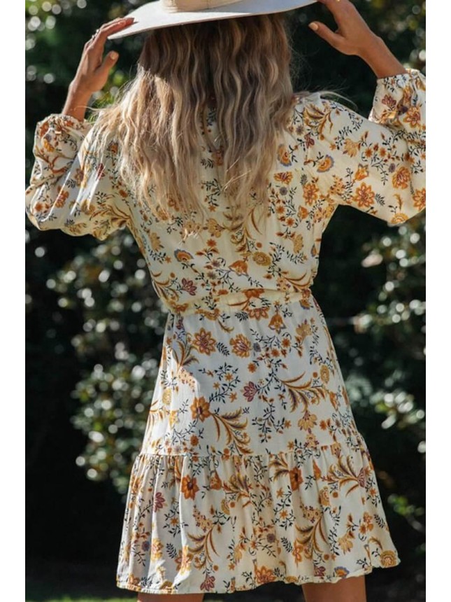 Floral Long Sleeve Mini Boho Vacation Dress – Yellow