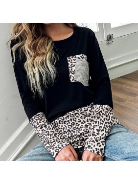 Top leopard pattern pocket long sleeve T shirt