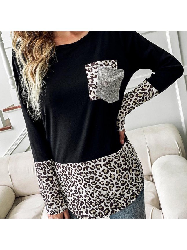 Top leopard pattern pocket long sleeve T shirt