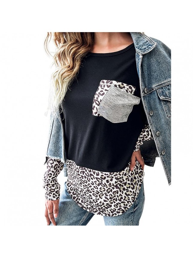 Top leopard pattern pocket long sleeve T shirt