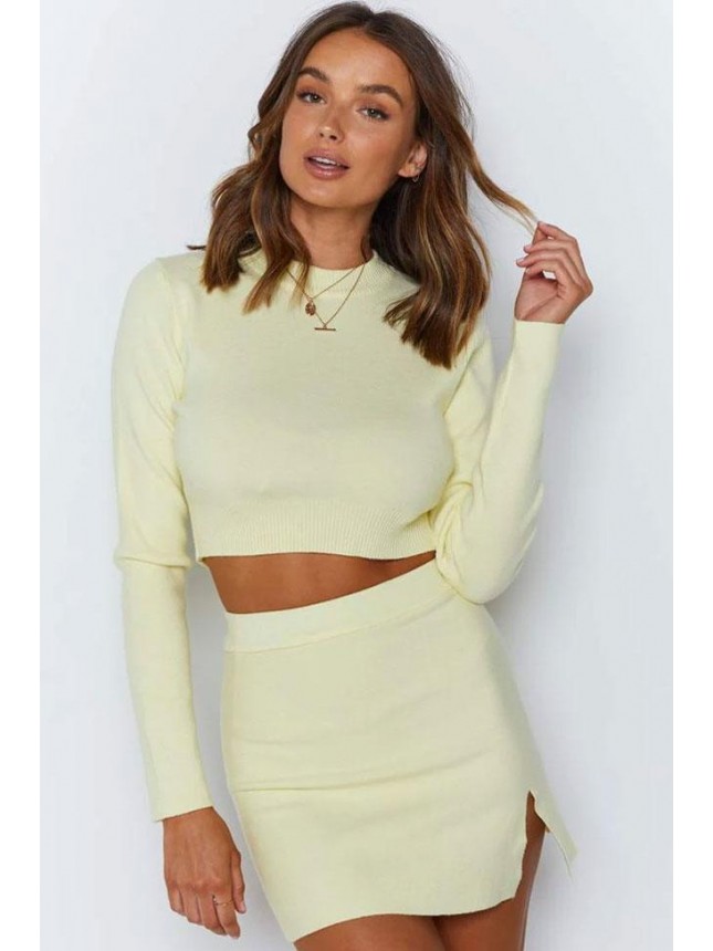 High Slit High Neck Long Sleeve Winter Sweater Mini Two Piece Dress – Light Yellow