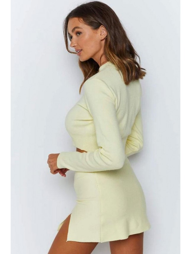 High Slit High Neck Long Sleeve Winter Sweater Mini Two Piece Dress – Light Yellow