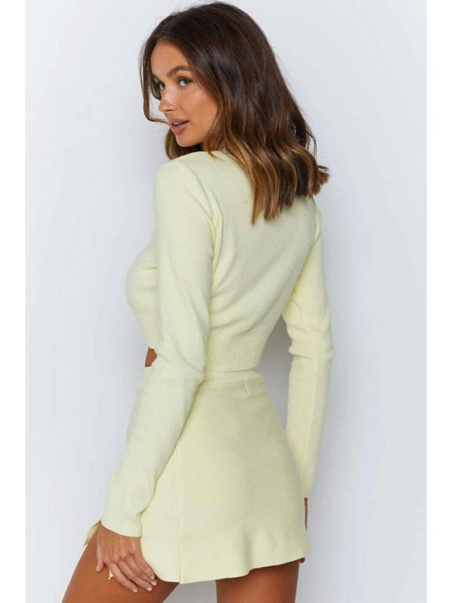 High Slit High Neck Long Sleeve Winter Sweater Mini Two Piece Dress – Light Yellow