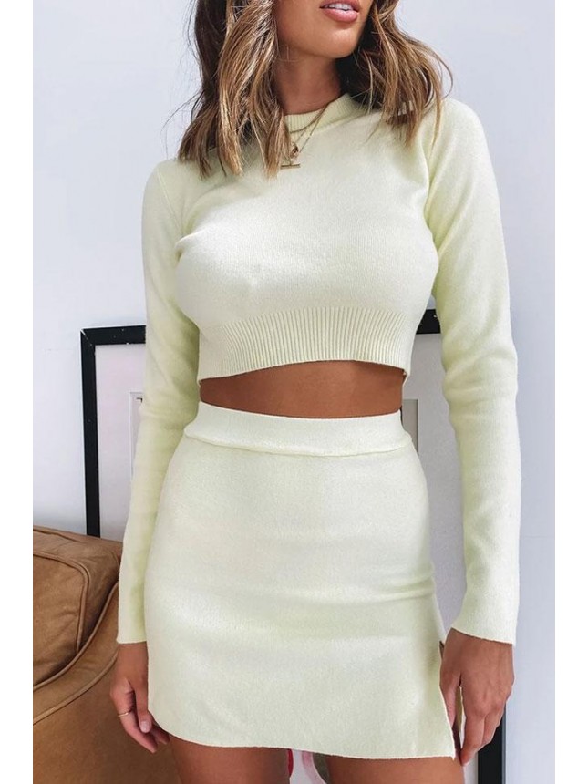 High Slit High Neck Long Sleeve Winter Sweater Mini Two Piece Dress – Light Yellow