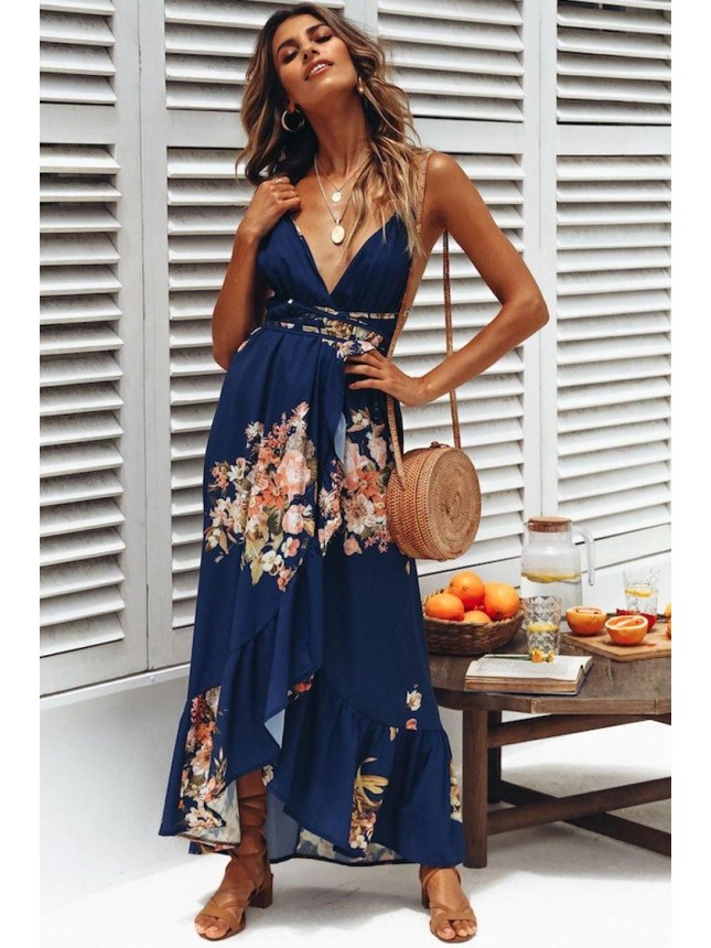 High Low Ruffle Floral Backless Maxi Beach Vocation Dress – Navy Blue