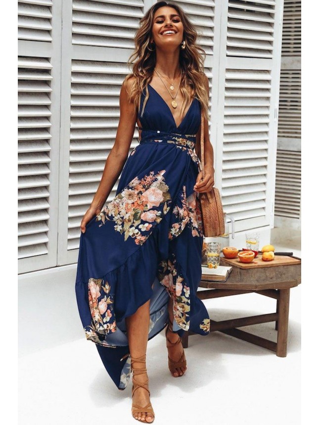 High Low Ruffle Floral Backless Maxi Beach Vocation Dress – Navy Blue