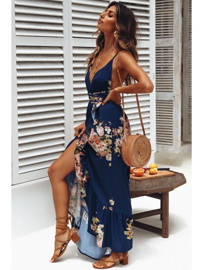 High Low Ruffle Floral Backless Maxi Beach Vocation Dress – Navy Blue