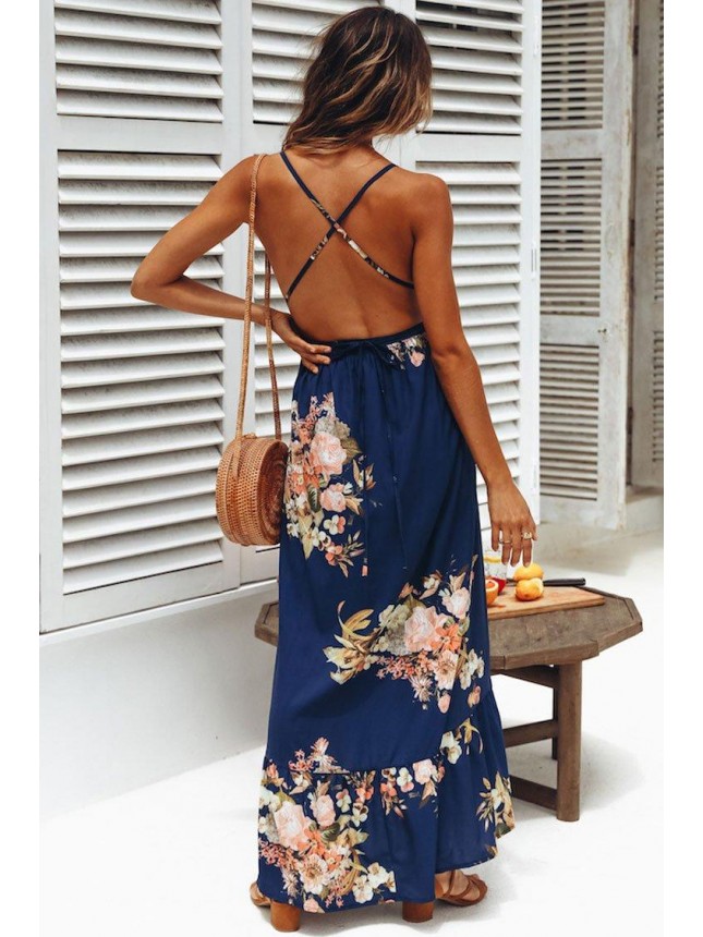 High Low Ruffle Floral Backless Maxi Beach Vocation Dress – Navy Blue