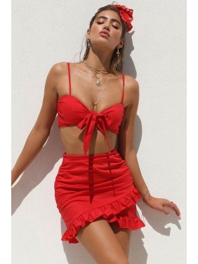 Ruffle Tie Front High Waist Ruched Two Piece Dress – Red