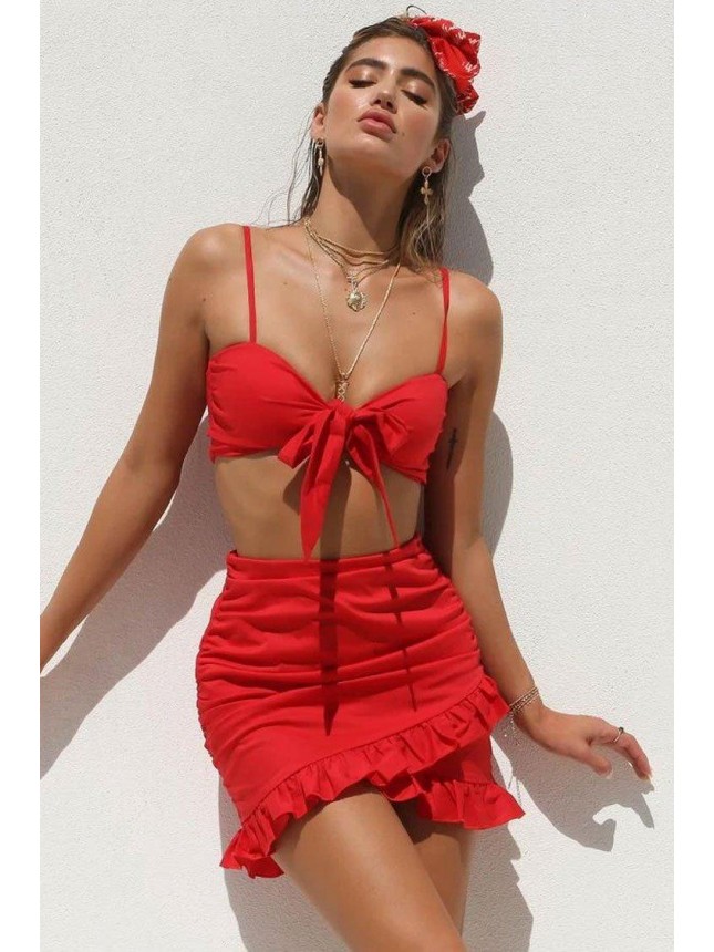 Ruffle Tie Front High Waist Ruched Two Piece Dress – Red