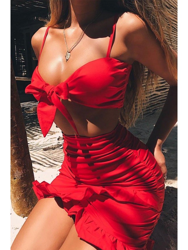 Ruffle Tie Front High Waist Ruched Two Piece Dress – Red