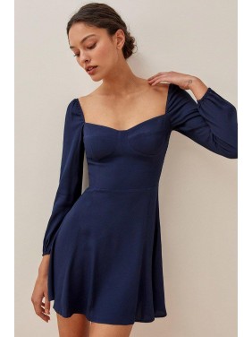 Long Sleeve Sweetheart Fit & Flare Chiffon Mini Dress – Navy Blue