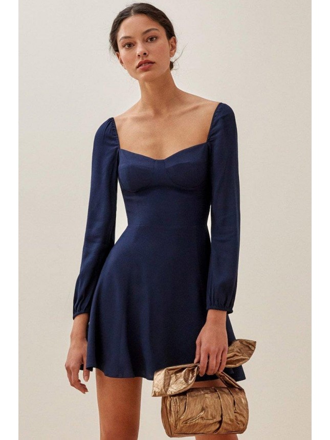 Long Sleeve Sweetheart Fit & Flare Chiffon Mini Dress – Navy Blue